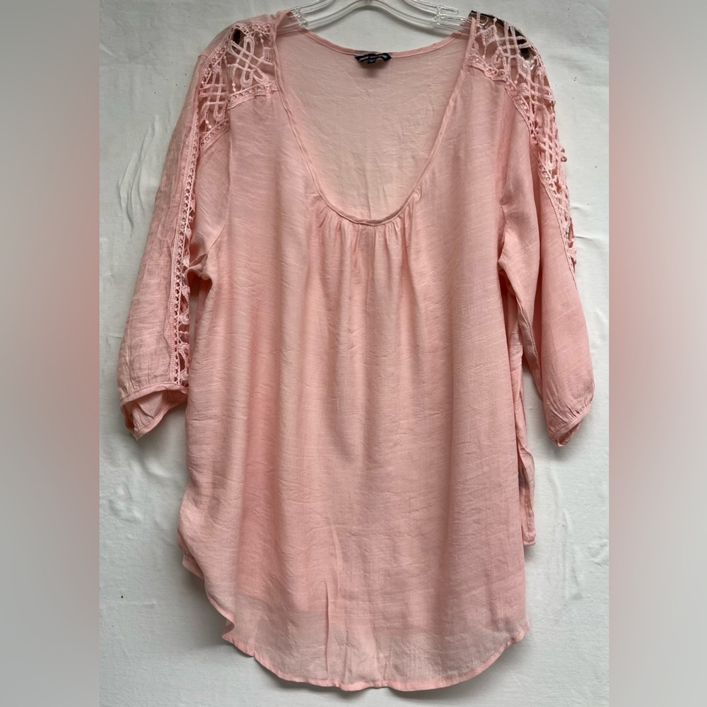 Cottagecore “Unique Spectrum” Pink Peasant Top with Lace Detail 2X.